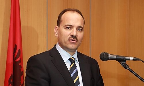 FILE - Albania's Interior Minister Bujar Nishani speaks in Tirania, Albania, in this file photo dated March 15, 2011. Albania's governing coalition on Monday June 11, 2012,  nominated Interior Minister Nishani to be the country's new president, provoking fury from the opposition.  The presidential election process is considered as a test in Albania's road to integration and may prove decisive in its application for future EU candidate membership status.(AP Photo/Hektor Pustina, file)