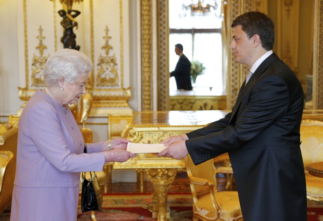 Queen Elizabeth II receives credentials from Lirim Greicevci, The Ambassador of the Republic of Kosovo, in the White Drawing Room at Buckingham Palace, London.