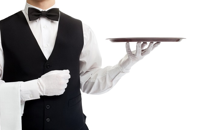 Waiter torso with empty tray isolated on white background